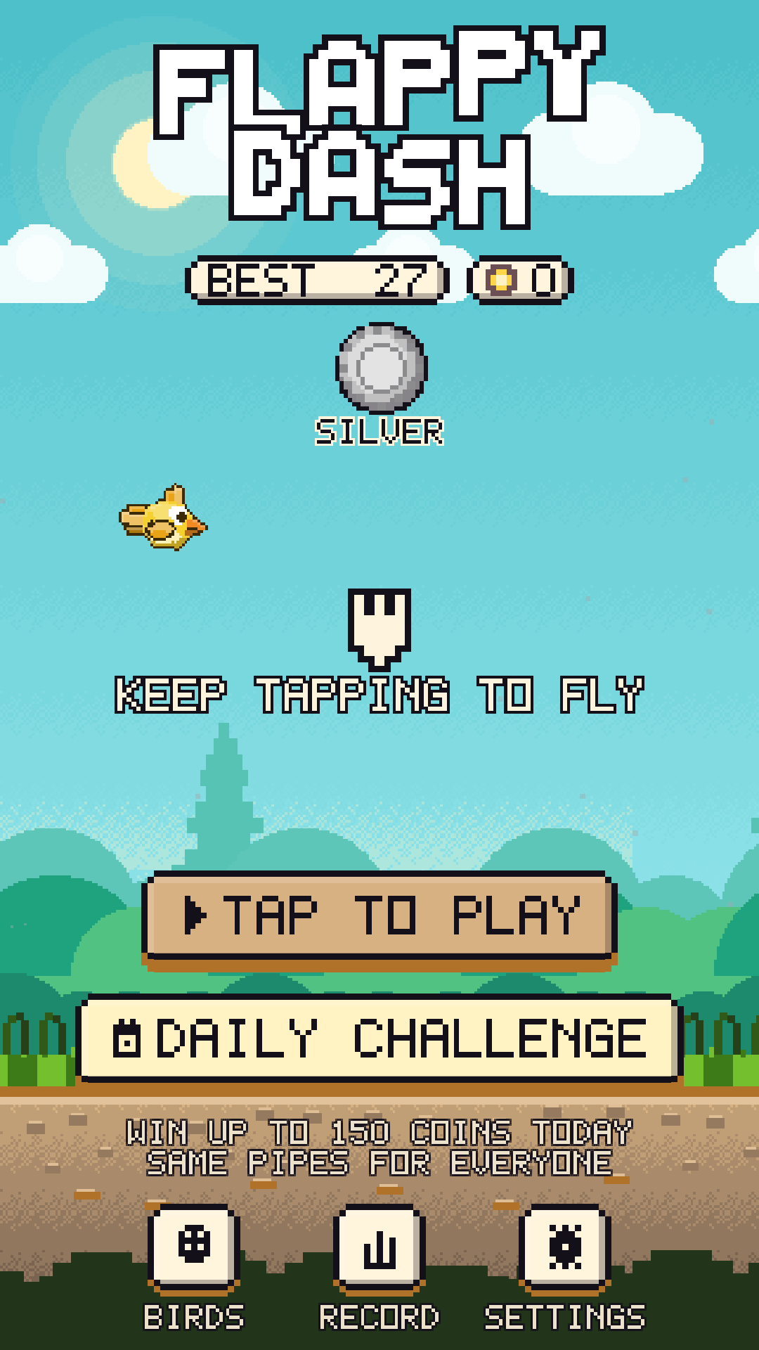 The Flappy Dash title screen with the play and daily challenge buttons